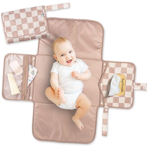 Image of Tiny Twinkle Portable Diaper Changing Pad | Waterproof, Wipeable & Compact Baby Changing Pad for Travel | Smart Wipes Pocket & Organized Storage| Newborn Shower Gift (Beige Checkers)