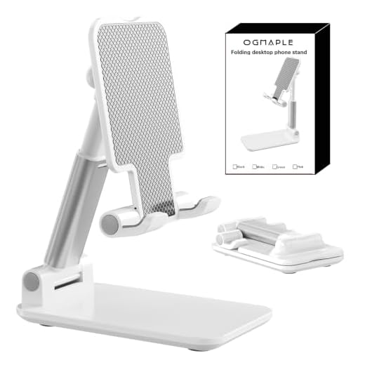 OGMAPLE Cell Phone Stand, Angle Height Adjustable Cell Phone Holder with Silicon Pad for Desk Fully Forldable Mobile Phone Holder Compatible with All Mobile Phones, MT-6, (White)