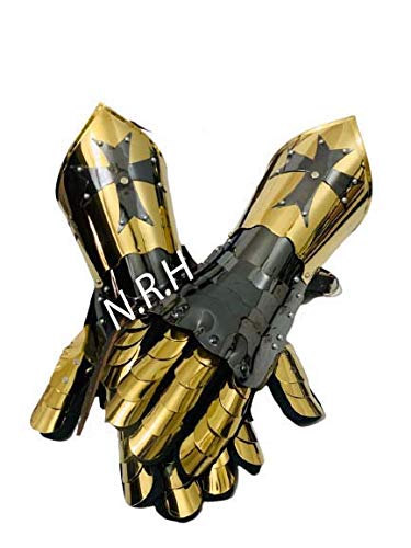 Medievale Acciaio Armor Braccio Guanti con strisce di pelle Costume Halloween