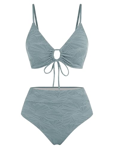 Image of ZAFUL Bikini Sets for Women String 2 Piece Swimsuits High Waisted Bathing Suit V Neck Cut Out Swimwear