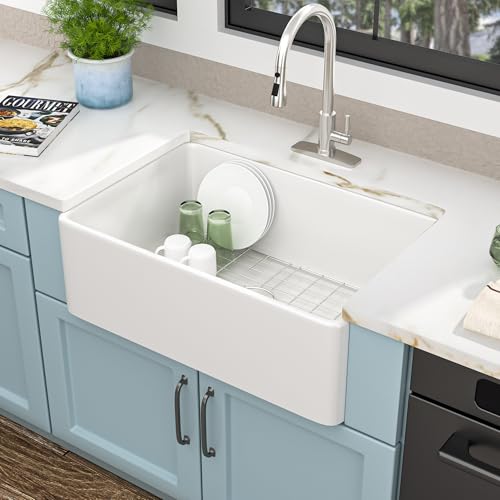 30 Inch White Farmhouse Sink – Reversible Apron Front, High-Gloss