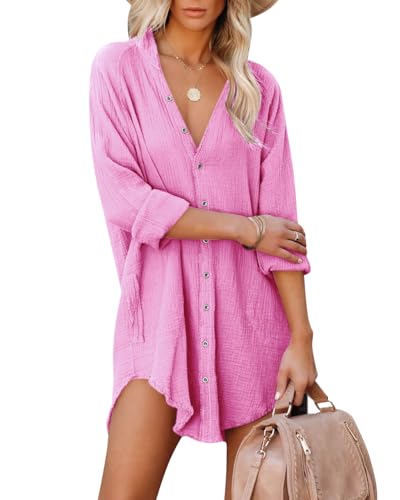 Paintcolors Women's Long Sleeve Button Down Tunic Dresses Beach Cover-ups Oversized Blouse Tops with Pockets