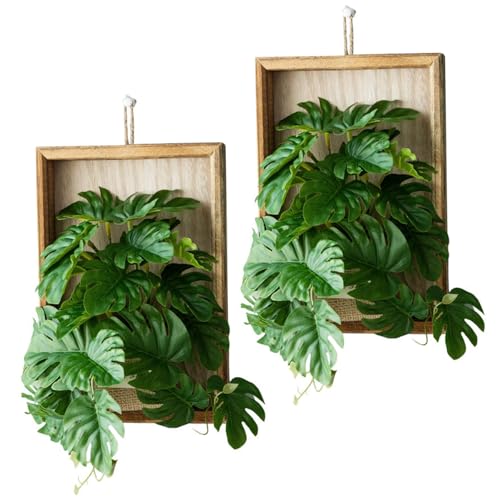 Décor mural de plante 2pcs Rrealistic Faux Monstera Feuilles dans des cadres en bois massif plantes murales décor artificielles de fausses plantes murales...