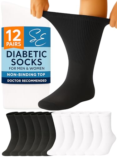 Special Essentials 12 pares de calcetines de algodón para diabéticos, sin ataduras, comodidad y apoyo para hombres y mujeres, Negro/Blanco, X-Large