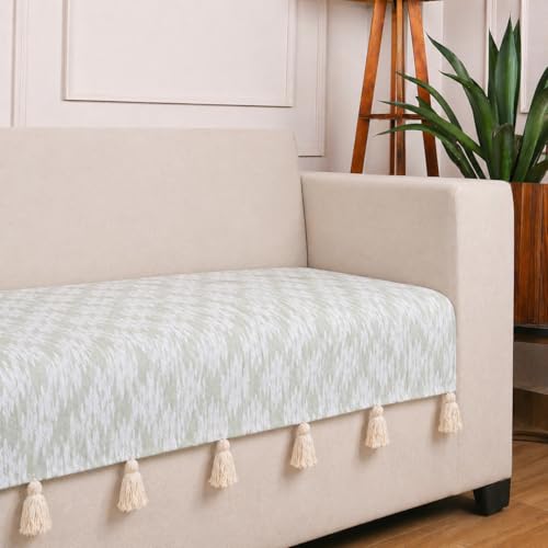 Image of STITCHNEST 'Verdant Ikat Stories' 3 Seater Sofa Cover| Elegant Jacquard Fabric, Decorative Tassels, Washable & Durable for Modern Living