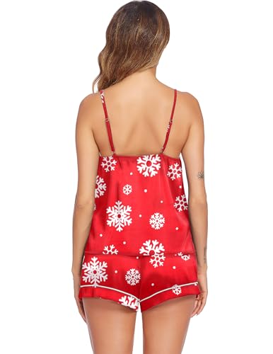 Image of Ekouaer Womens Sexy Pajama Sets Satin Pj Set Soft Sleepwear Lingerie Silk Cami Shorts Set Nightwear Christmas SnowflakeLarge
