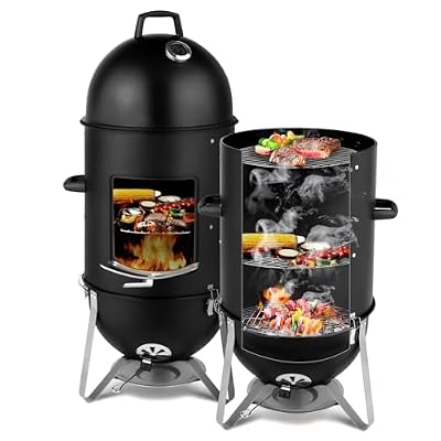 19 Inch BBQ Smoker Grill, 3-in-1 Vertical Charcoal Smoker, Heavy Duty Outdoor Bullet Smokers for Meat with Built-In Thermometer, Air Vent, And 2 Access Doors, Idea for Parties, Backyard, Barbecues