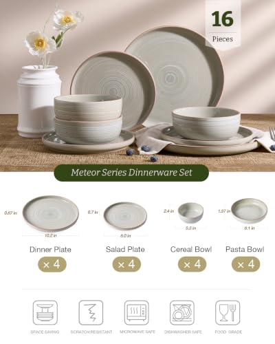 Image of Famiware Meteor Stoneware Dinnerware Sets with Pasta Bowls, Service for 4 (16 Pieces), Plates and Bowls Sets, Microwave and Dishwasher Safe Dishes Set, Matcha Green