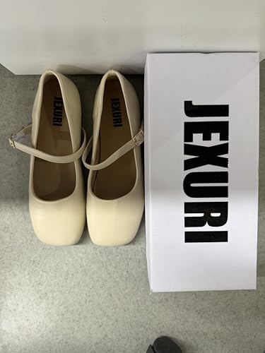 JEXURI Women Mary Jane Flats Comfortable Microfiber Leather Buckle Straps Low Heel Square Toe Work Flats Casual Shoes Beige4