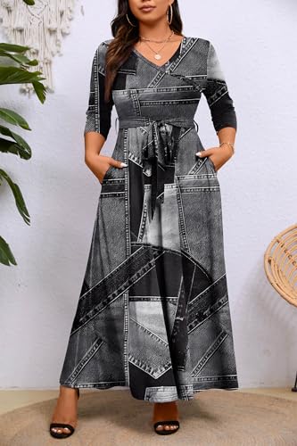 Image of Runwind Plus Size Dress for Women - 3 /4 Sleeve V Neck Maxi Dresses for Women (XL-6XL)