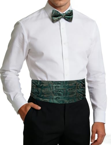 Image of Paisley Floral Tuxedo Cummerbund Bow Tie Pocket Square Set for Men