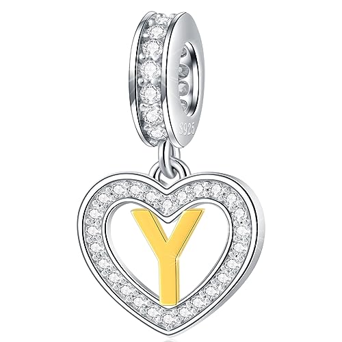 Image of GLOWDAS 18K Gold Plated Letter Charms Initial A to Z Necklace Pendant, 925 Sterling Silver CZ Heart Dangle Alphabet Beads fit European DIY Bracelet, Gifts for Valentiens /Christmas /Family