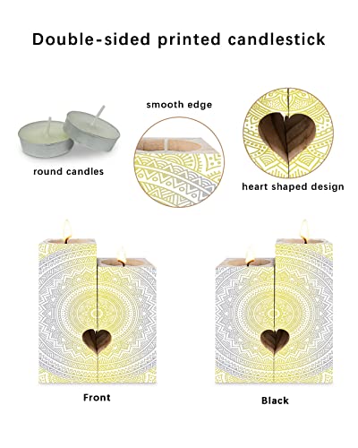Mandala Wooden Candle Holders - Double-Sided Printing Candlestick Holders With 2 Tealights To Friend Couple Mom, Birthday Gift Sister Gift Friend Gifts For Women, Geometric Gradient Yellow-Gray Flower #TOP1