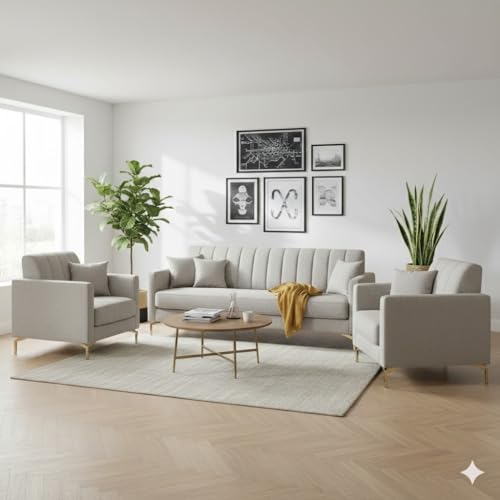 Image of 3+1+1 Seater Velum Fabric Sofa Set for Living Room, Modern Design with High Density Foam, Solid Wood Frame, Ergonomic Comfortable Seating for Home & Office (Light Grey, 3+1+1) | Soft foam comfort, Strong wood frame