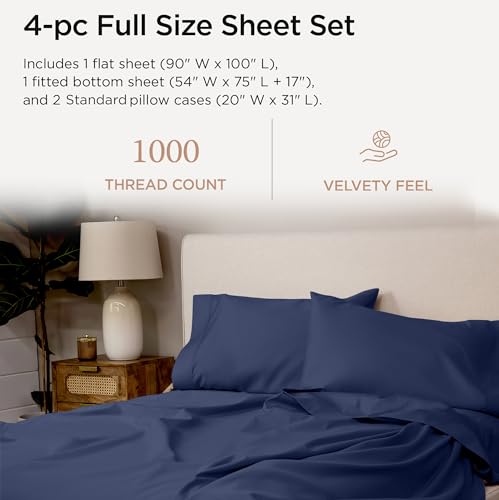 Threadmill Luxury Full Size Supima Cotton Sheets, 1000 Thread Count, 5-Star Hotel Quality, Extra Deep Pocket, Folkstone Blue
