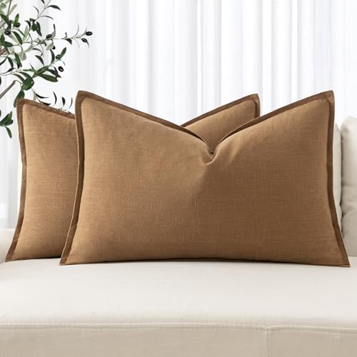 Image of MIULEE Decorative Linen Lumbar Pillow Covers 12x20 Inch Brown Boho Farmhouse Neutral Couch Throw Pillows for Bed Pack of 2 Accent Modern Pillowcase Sofa Livingroom Home Decor