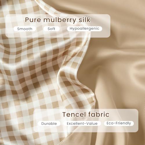 Image of THXSILK Set of 2 Mulberry Silk Pillowcase for Hair and Skin, Cooling Bed Pillow Cover with Hidden Zipper, Soft Smooth Print Silk Pillowcase Gifts for Women Men Standard 20 inchx26 inch, Khaki Plaid