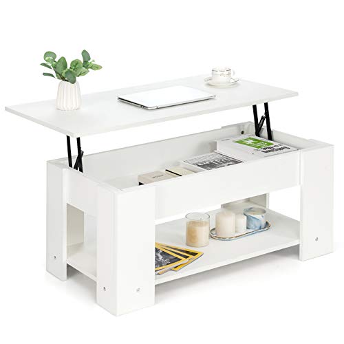 COSTWAY Couchtisch höhenverstellbar, Kaffeetisch mit Hebeplatte & Ablagefach, Beistelltisch aus Holz, Wohnzimmertisch Sofatisch Teetisch für Wohnzimmer (Weiß)