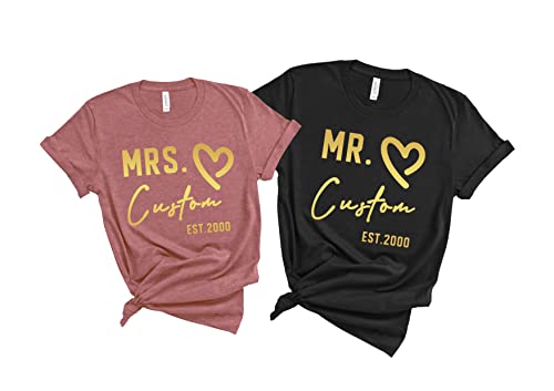Custom Couple Mr. and Mrs. T-Shirt, Matching Customized Tees for Bride and Groom, Custom Valentines Shirt, Custom Matching Tees, Personalized Text Tops for Women and Men Black