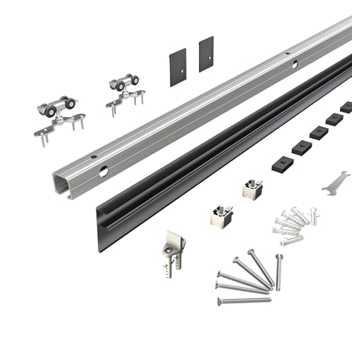 JUBEST 8FT Barn Door Sliding Hardware Track Kit, Aluminium Alloy Box Rail Hardware for Classic Modern Interior Single Wooden Door,Low Clearance,Black