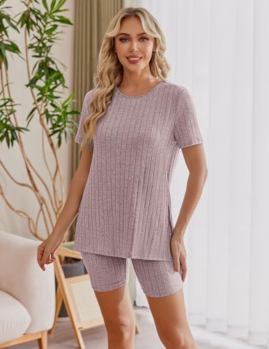 Image of Ekouaer Maternity Sets 2 Piece Outfits Short Sleeve Shirts and Biker Shorts Pregnancy Loungewear