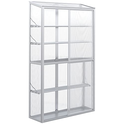 Preisvergleich Produktbild Outsunny Hochbeet, Frühbeet mit Schiebetür, Verstellbaren Einlegeböden, Winddichtes Gewächshaus für Garten, Balkon, Alu+Polycarbonat, Silber, 100 x 33 x 171 cm
