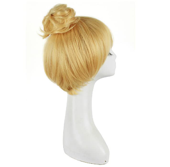 Vista 3 de Peluca de cosplay de princesa Tinker Bell Tinkerbell de pelo corto rubio con moño, resistente al calor, pelucas de disfraz de cosplay + gorra