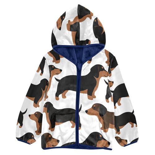 Dachshund Pattern Print on White Toddler Fleece Jacket Girl Boys Hooded Fleece Jacket Coat Warm Outwear Zip-up 3-10T