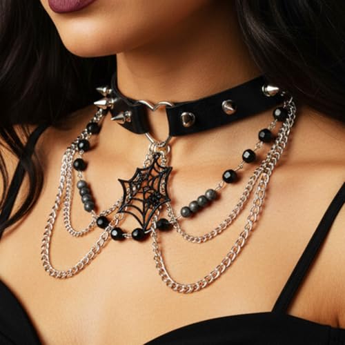 Zoestar Punk Leder Choker Halskette Schwarz Gothic Halsband Spinnennetz Spiked Halloween Halskette Kette für Frauen