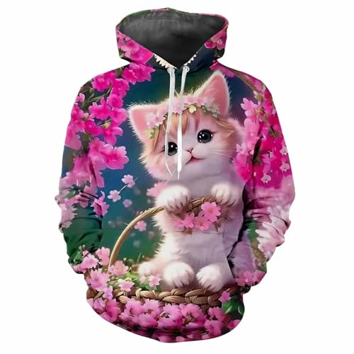YYZOVBNN Bonita Sudadera con Capucha Informal con Estampado 3D de Flores y Gatos, Corte Holgado para otoño e Invierno, Jersey de Manga Larga.