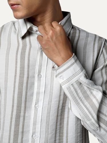 Image of Urbano Fashion Men's Cotton Full Sleeve Relaxed Fit Linen Striped Shirt with Spread Collar