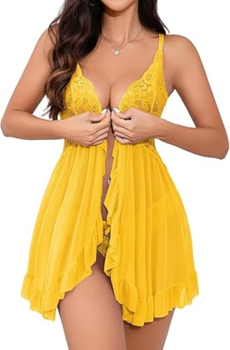 Image of Women's Lace Babydoll Lingerie Set, Black, Deep V-Neck, Sheer Mesh, Ruffle Hem, with Panty