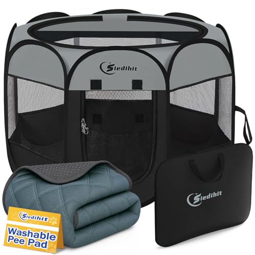 Image of Siedihit Dog Cat Playpen with Washable Pee Pad, Puppy Pet Playpen Indoor for Small Dog Crate Tent Cage Outdoor, Portable Pop Up Dogs Enclosure Kennel with Carrying Case,Dark Grey