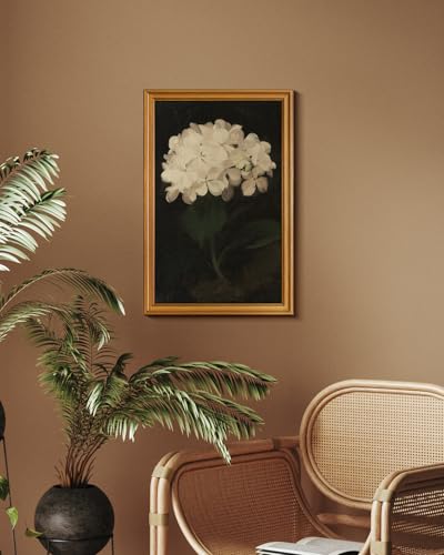 Image of HUARCEY Gold Framed Vintage Wall Art for Living Room, Flowers Painting Canvas Prints Shelf Decor for Kitchen, Aesthetic Bedroom Wall Art, Christmas Gifts for Friends Family (White Hydrangea 16 inchx24 inch)