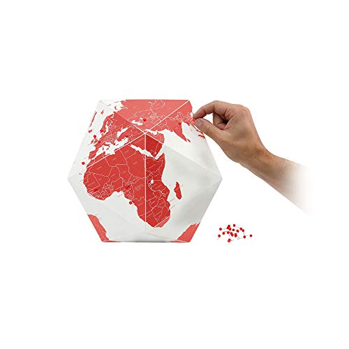 Palomar Foldable Hexagon Globe White and Red with 50 Red Pins Goes by Countries Non-Toxic Inks on Cordenons Wild Paper with 35% Cotton Small 9.05