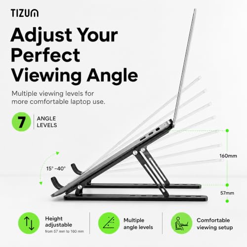 Image of Tizum Ergonomic Laptop Sand Riser /iPad Holder with 7 Adjustable Angles|Imported-CNC Cut,Fully Foldable & Portable|Tabletop,Premium Aluminum,Sturdy Base,Fast Heat Dissipation for Laptops 15.6 inch (Black)