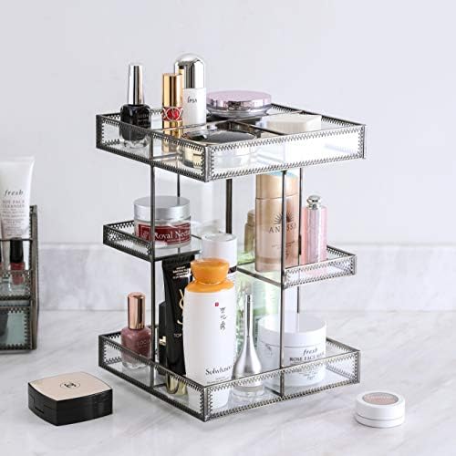 QL DESIGN 360 Degree Rotation Glass Makeup Organizer，Perfume Display Case and Cosmetic Storage ，Great for Bathroom, Dresser, Countertop (Retro)