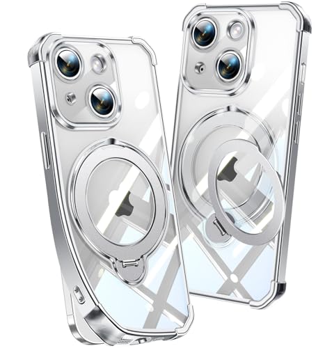 Image of Soft Case for iPhone 15 with 360 Rotating Magnetic Stand, Compatible with Mag-Safe, 4X MIL-Drop Protection, Lightweight Glossy Anti-Yellowing Clear Back Phone Cover for iPhone 15 6.1 inch, Silver