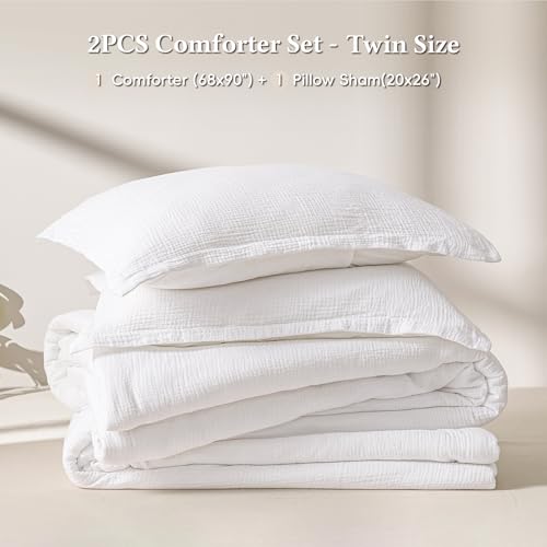 Image of David's Home Cotton Muslin Comforter Set Twin Size, 100% Cotton Cover Ultra-Soft Breathable Lightweight Skin-Friendly for Spring Summer, 2PCS Linen Like Gauze Bedding Set with Polyester Filling, White
