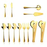 12 pezzi set posate oro, posate acciaio inox include forchette da portata cucchiai a fessura pinze coltello da burro pala per torta mestolo da zuppa per feste buffet banchetti cucina hotel