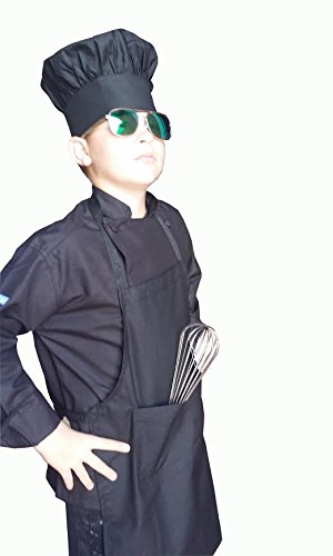 Chefskin Jet Black Twill Children Chef Set: Jacket, Apron & Hat, Lightweight Soft Fully Adjustable Reg (6-8 Yrs Old) #TOP2