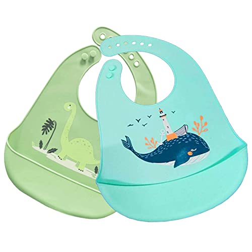 Grantop 2 Stück Baby Silikon Lätzchen mit Auffangschale, abwaschbar Baby Lätzchen für Entwöhnen BPA Frei Einfache Reinigung Spülmaschinenfest Cover