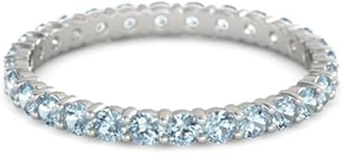 Carillon 925 Sterling Silver Full Eternity Aquamarine Round 2.50 MM Women Stacking Ring (Sterling Silver, 7)