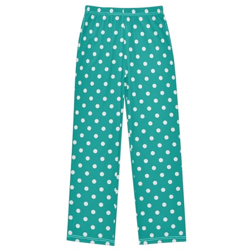 Pfrewn Pajama Pants Polka White Dot Teal Casual Lounge PJ Bottoms with Pockets, M