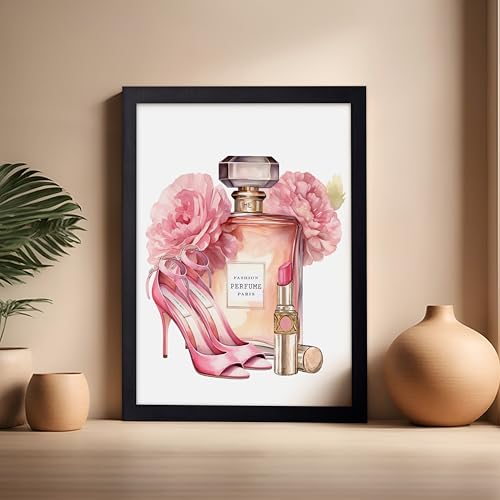 Image of Poster Master Pink Designer Print - Fashion Poster - Shoes, Lipstick & Perfume Art - Chic Gift for Women & Fashionista - Glam Decor for Bedroom or Girl's Room - 16x20 Black Framed
