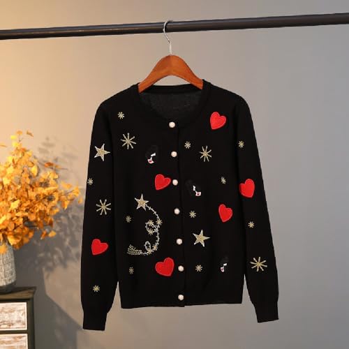 Quenny Peach Heart Sweater Women's Embroidered Cardigan Christmas Round Neck Coat Knitted Shirt Holiday Party Warm Elastic4