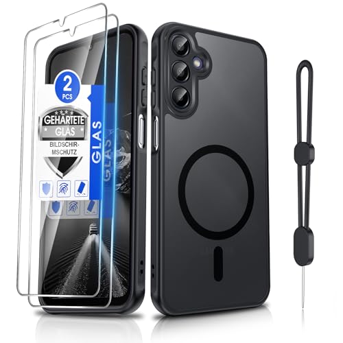 Dizn Hülle für Samsung Galaxy A15 4G/A15 5G: für MagSafe Kameraschutz 2*Panzerglas Folie Magnet Case mit Band Matt Transluzent Magnetisch HandyHülle Militärstandard Schutz Jungs Cover A 15 Schwarz