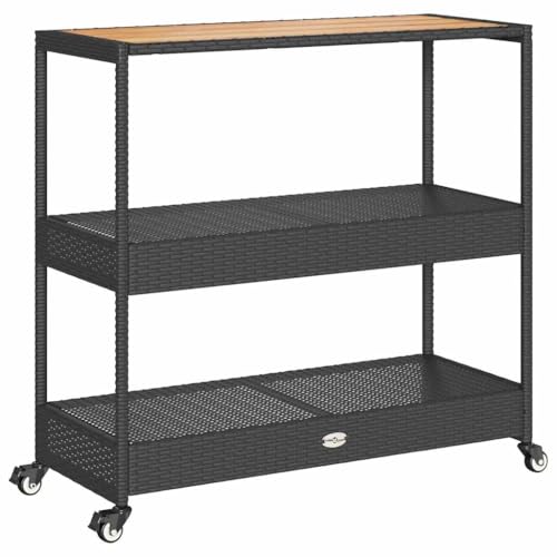 vidaXL Carrito de Bar 3 Niveles ratán PE y Madera Maciza Acacia Negro, Carro Camarera, Carrito de Cocina, Carro de Bar, Carro de Bebida