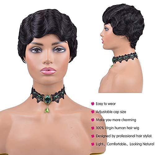 Short Pixie Cut Wigs For Black Women Wig Brazilian Human Hair Wigs Short Finger Ocean Wave Wig Remy Human Hair Wig Natural Color #TOP1