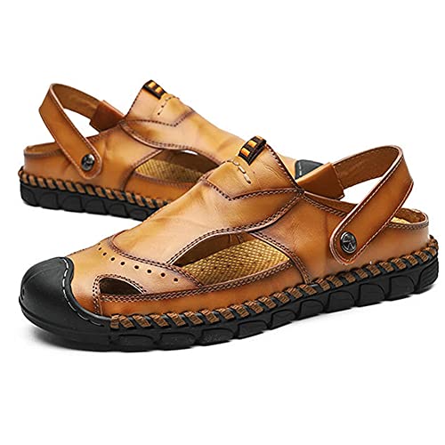 Mens Closed Toe Sandals Casual Waterproof Leather Sandals Beach Shoes Fashion Lightweight Slippers Sandals (Yellow Brown)